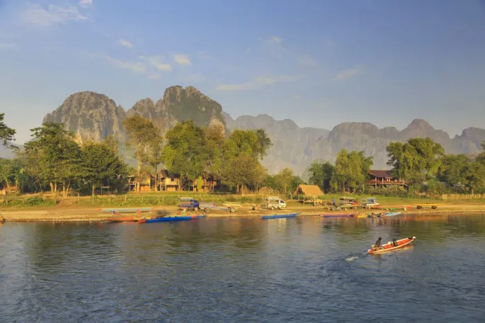Framed Print : Laos, Vang Vieng. Nam Song River and Karst Landscape Framed Print : Laos, Vang Vieng. Nam Song River and Karst Landscape