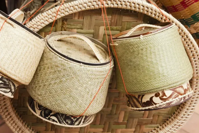 Framed Print : Laos, Vientiane, Basketware Street Vendors Display of Sticky Rice Containers Framed Print : Laos, Vientiane, Basketware Street Vendors Display of Sticky Rice Containers