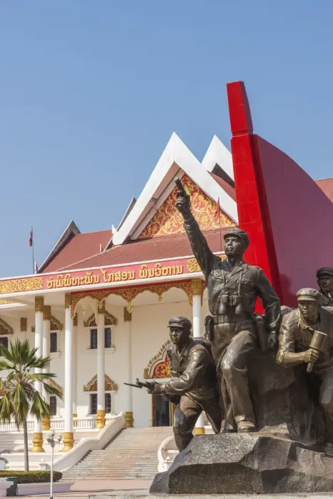 Framed Print : Laos, Vientiane, Kaysone Phomivan Museum, building exterior and revolutionary sculpture Framed Print : Laos, Vientiane, Kaysone Phomivan Museum, building exterior and revolutionary sculpture
