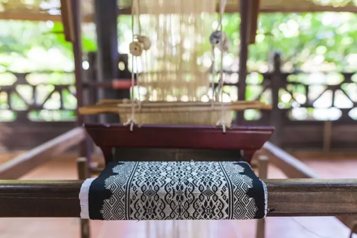 Framed Print : Laos, Vientiane, traditional Lao textile loom Framed Print : Laos, Vientiane, traditional Lao textile loom