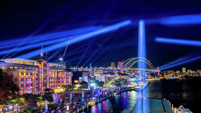 Framed Print : Laser light show over Museum of Contempory Art and Harbour Bridge during the Vivid Sydney festival, Sydney, New South Wales, Australia