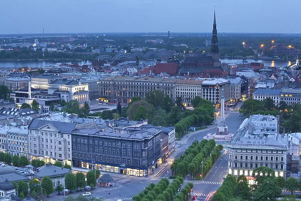 Latvia, Riga, elevated view of Old Riga, Vecriga, evening