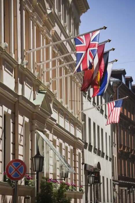 Framed Print : Latvia, Riga, Old Riga, Grand Palace Hotel, flags
