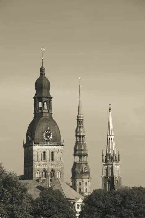 Framed Print : Latvia, Riga, Old Riga, view of three Riga churches Framed Print : Latvia, Riga, Old Riga, view of three Riga churches