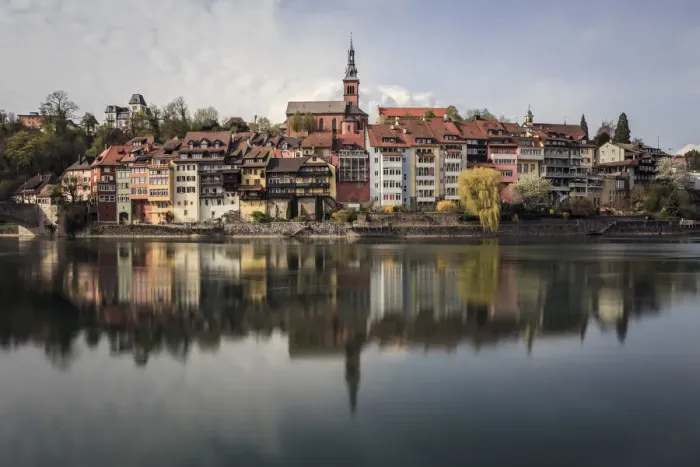 Framed Print : Laufenburg reflected in the Rhine river, Sulz, Canton Aargau, Switzerland Framed Print : Laufenburg reflected in the Rhine river, Sulz, Canton Aargau, Switzerland