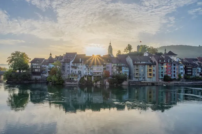 Framed Print : Laufenburg at Sunrise with river Rhine, Aargau, Switzerland Framed Print : Laufenburg at Sunrise with river Rhine, Aargau, Switzerland
