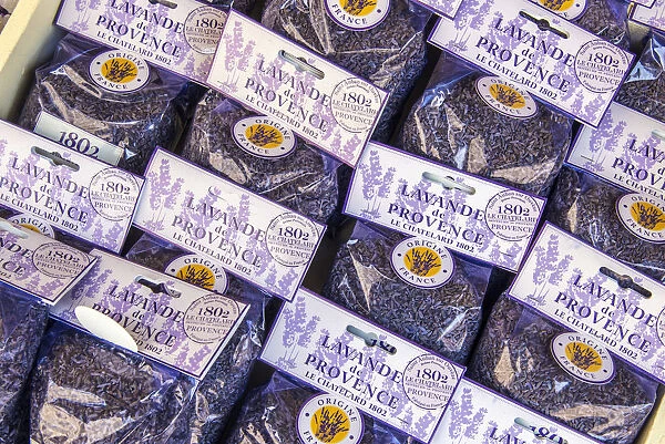 Lavender sachets on sale in a shop, LaaIsle-sur-la-Sorgue, Provence, France