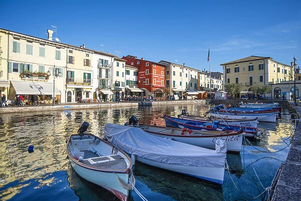 Lazise sul Garda, Verona province, Veneto, Italy Wooden boats in the harbour of Lazise