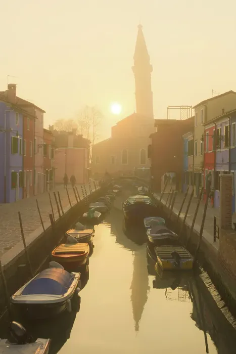 Framed Print : The leaning bell tower of St Martin's Church at sunset, Burano, Venice, Italy