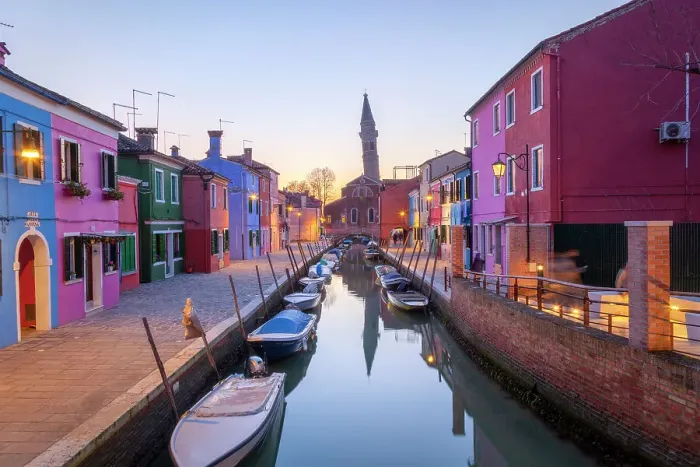 Framed Print : The leaning campanile of San Martino's church and the typical colored houses at dusk, Burano Island, Venice, Italy Framed Print : The leaning campanile of San Martino's church and the typical colored houses at dusk, Burano Island, Venice, Italy