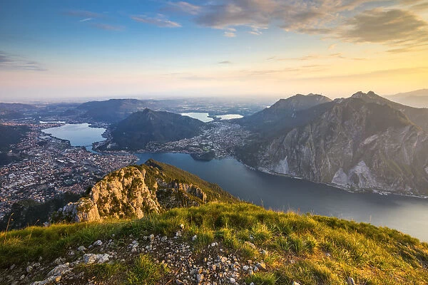 Lecco and Como Lake from Coltignone mountain during sunset, Piani Resinelli