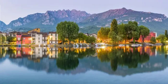 Framed Print : Lecco, Lombardy, Italy. Panoramic view of the colorful houses and the Mount Resegone Framed Print : Lecco, Lombardy, Italy. Panoramic view of the colorful houses and the Mount Resegone