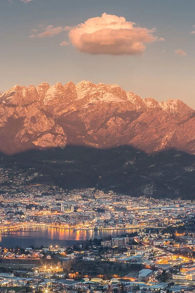 Lecco province at sunset with Resegone mount in the background viewed from San Tomaso