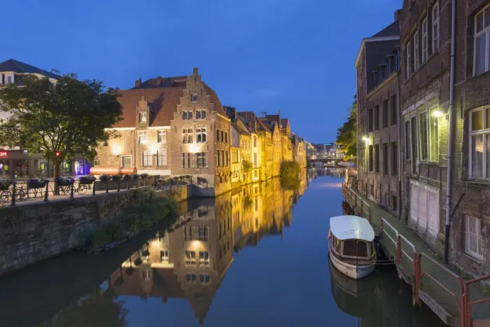 Framed Print : Leie Canal at dusk, Ghent, Flanders, Belgium Framed Print : Leie Canal at dusk, Ghent, Flanders, Belgium
