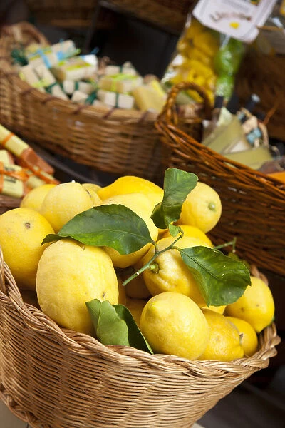 Lemons in basket, Manarola, Cinque Terre, Riviera di Levante, Liguria, Italy