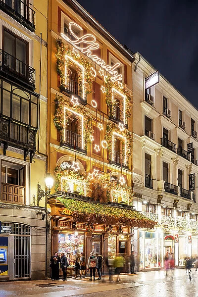 Lhardy restaurant adorned with Christmas lights, Madrid, Spain