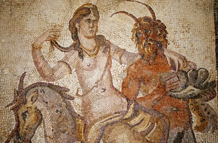 Framed Print : Libya, Cyrene. Mosaic of Nymph and Satyr from Villa of Jason Magnus in the museum