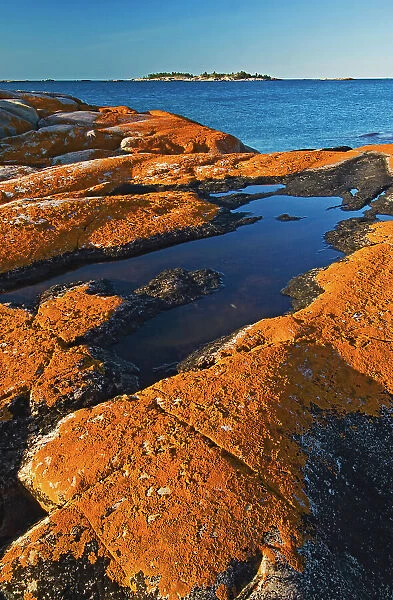 lichen covered rock on island South of Philip Edward Island near Killarney, Ontario, Canada