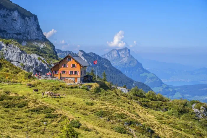 Framed Print : Lidernen hut at Chaiserstock mountain range, Riemenstalden, Glarner Alps, canton Schwyz, Switzerland