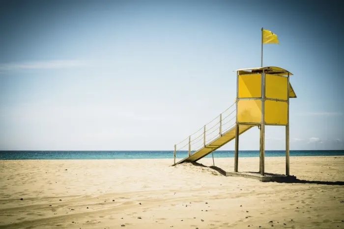 Framed Print : Lifeguards hut on fine sand beach by the ocean, Morro Jable, Fuerteventura Framed Print : Lifeguards hut on fine sand beach by the ocean, Morro Jable, Fuerteventura