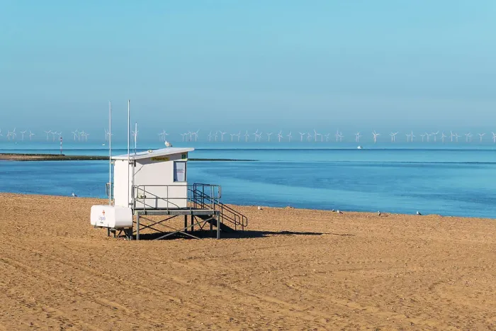 Framed Print : Lifeguards station at Ramsgate beach, with the Thanet Wind Farm in the background, Kent, England Framed Print : Lifeguards station at Ramsgate beach, with the Thanet Wind Farm in the background, Kent, England