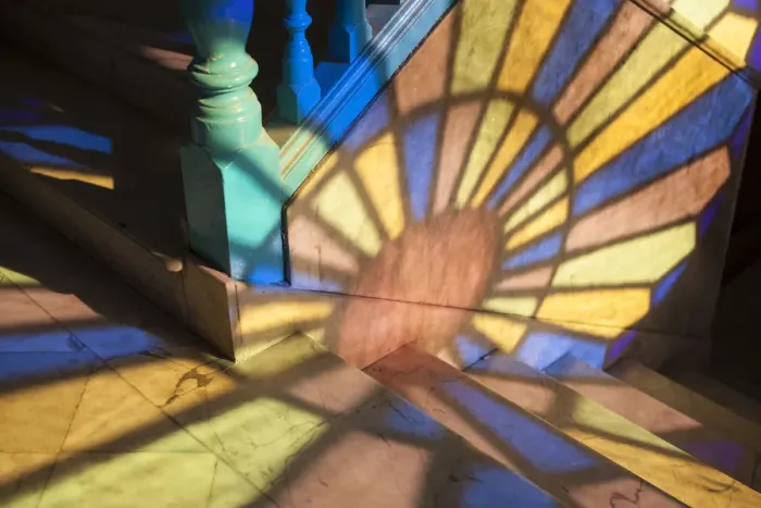 Framed Print : Light falling through stained glass window, in a Casa in Habana Vieja, Havana, Cuba Framed Print : Light falling through stained glass window, in a Casa in Habana Vieja, Havana, Cuba