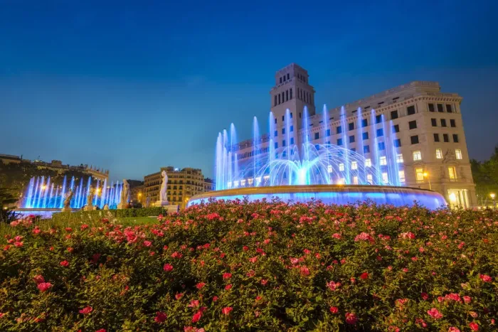 Framed Print : Light show at the new Plaza Catalunya fountain, Barcelona, Catalonia, Spain