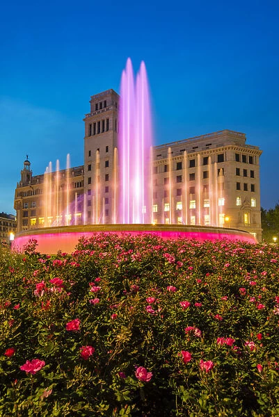 Light show at the new Plaza Catalunya fountain, Barcelona, Catalonia, Spain