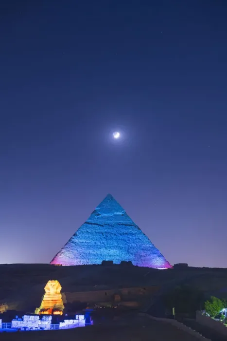Framed Print : light show over the Pyramids of Giza, Giza, Cairo, Egypt Framed Print : light show over the Pyramids of Giza, Giza, Cairo, Egypt