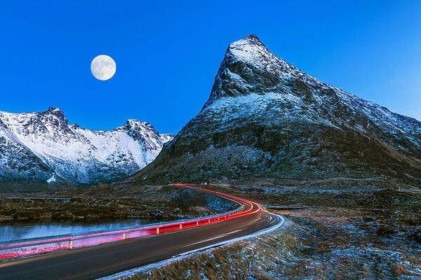 Light Trails & Full Moon, Finnbyen, Lofoten Islands, Norway