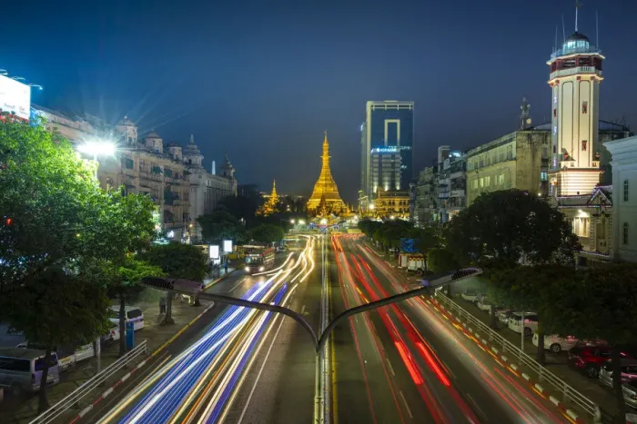 Framed Print : Light trails on street by Sule Pagoda against sky at night, Yangon, Yangon Region Framed Print : Light trails on street by Sule Pagoda against sky at night, Yangon, Yangon Region