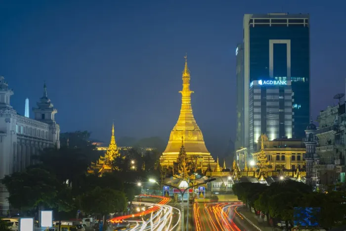 Framed Print : Light trails on street by Sule Pagoda against sky at night, Yangon, Yangon Region Framed Print : Light trails on street by Sule Pagoda against sky at night, Yangon, Yangon Region