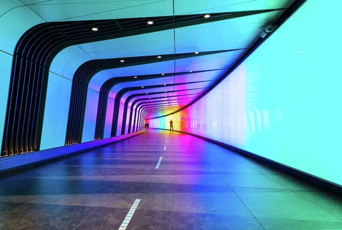 Framed Print : The light tunnel, or the Kings Cross tunnel, connecting St Pancras International and King's Cross stations and Granary Square, London, England Framed Print : The light tunnel, or the Kings Cross tunnel, connecting St Pancras International and King's Cross stations and Granary Square, London, England