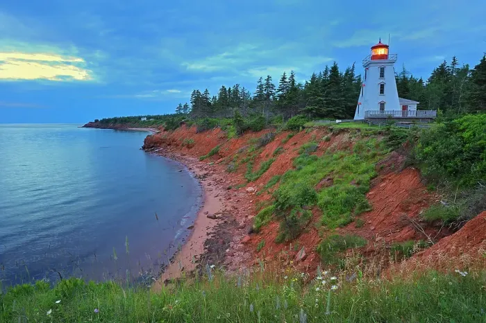 Framed Print : Lighthouse at dawn and Northumberland Strait Prince Edward Island, Canada