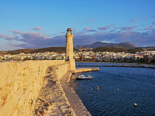 Lighthouse at the Old Venetian Port, sunset, City of Rethymno, Rethymno Region, Crete, Greece