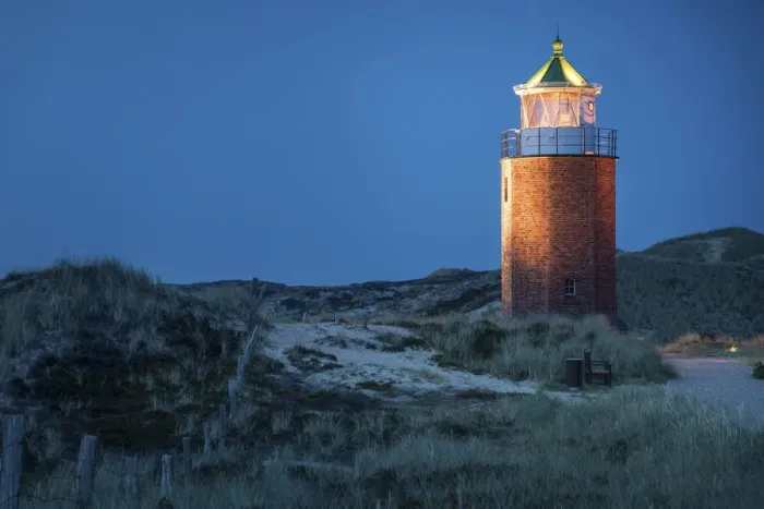 Framed Print : Lighthouse Quermarkenfeuer in Kampen in the evening, Sylt, Schleswig-Holstein, Germany Framed Print : Lighthouse Quermarkenfeuer in Kampen in the evening, Sylt, Schleswig-Holstein, Germany