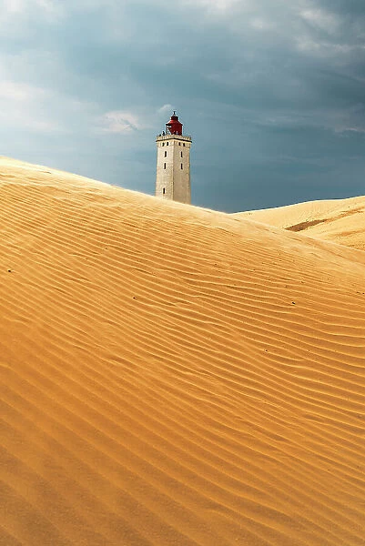 The lighthouse of Rubjerg Knude seen from sand dunes, Hjorring municipality, north Jutland region, Jutland, north of Denmark, Denmark, Europe