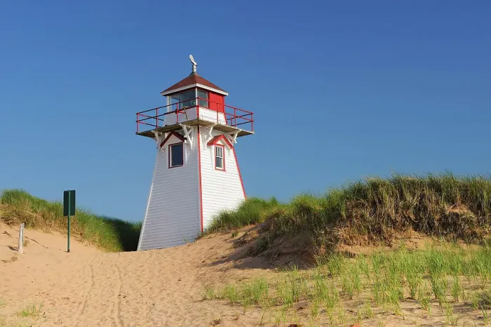 Framed Print : Lighthouse in sand dunes at Covehead Harbour Prince Edward Island, Canada Framed Print : Lighthouse in sand dunes at Covehead Harbour Prince Edward Island, Canada