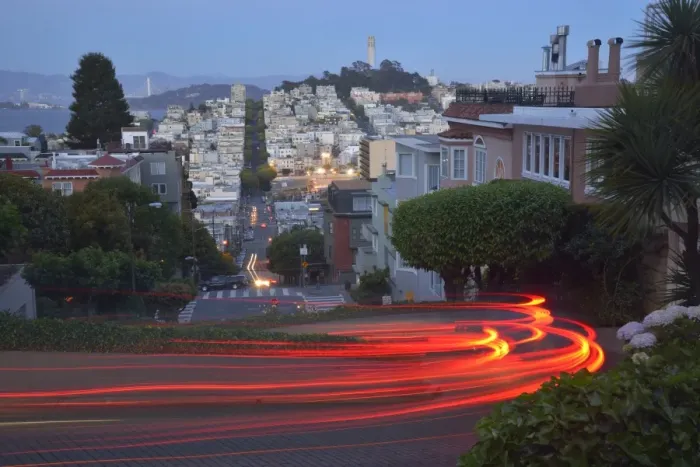 Framed Print : Lights of passing cars on Lombard Street, San Francisco, USA Framed Print : Lights of passing cars on Lombard Street, San Francisco, USA