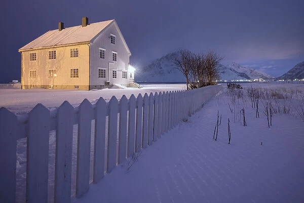 Lights on the typical wooden house surrounded by snow Flakstad Lofoten Islands Northern