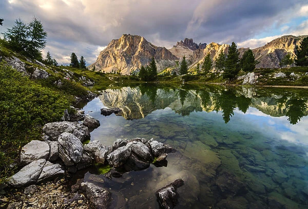 Limedes lake, Lagazuoi mount, Falzarego Pass, Dolomites, Veneto, Italy. Limedes lake