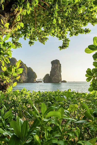 Limestone Karst tower framed by trees on Pai Plong Beach, Ao Nang, Krabi, Thailand