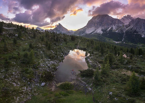 Limides lake during an amazing summer sunset. Dolomites, Cortina d Ampezzo
