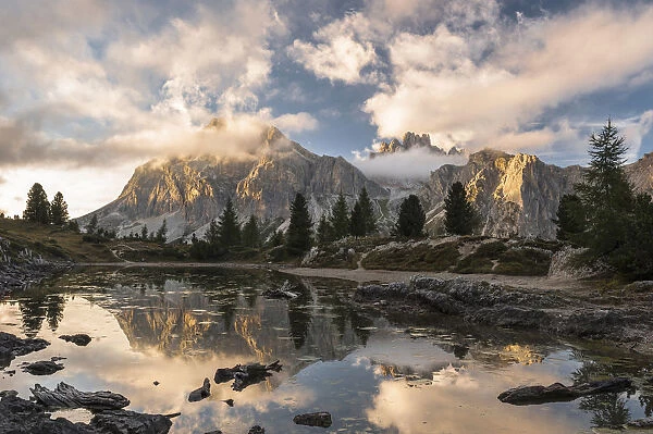 Limides Lake at sunset with Lagazuoi on the background. Belluno, Veneto, Italy