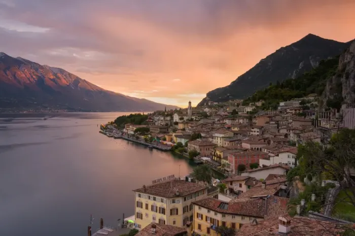 Framed Print : Limone sul Garda at sunset, Garda lake, Brescia province, Lombardy district, Italy
