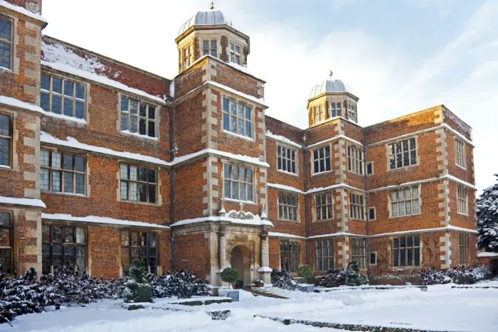 Framed Print : Lincolnshire, UK. Snow covers the front of Doddington hall Framed Print : Lincolnshire, UK. Snow covers the front of Doddington hall