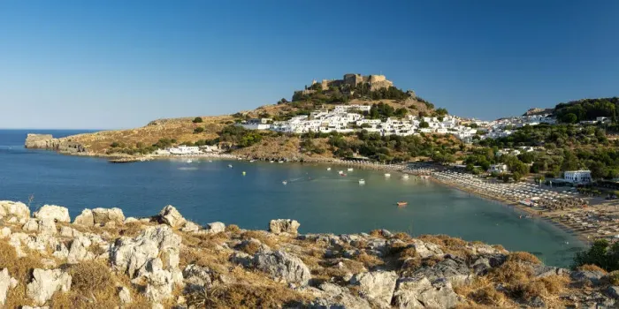 Framed Print : Lindos Acropolis & Megali Paralia Beach, Rhodes, Dodecanese Islands, Greece Framed Print : Lindos Acropolis & Megali Paralia Beach, Rhodes, Dodecanese Islands, Greece