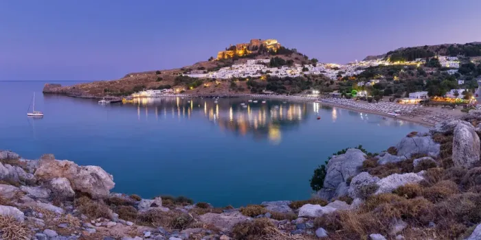 Framed Print : Lindos Acropolis & Megali Paralia Beach at Night, Rhodes, Dodecanese Islands, Greece