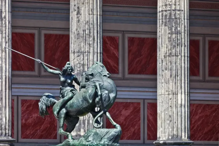 Framed Print : The Lion Fighter (Lowenkampfer) sculpture outside the main entrance of the Altes Museum Framed Print : The Lion Fighter (Lowenkampfer) sculpture outside the main entrance of the Altes Museum