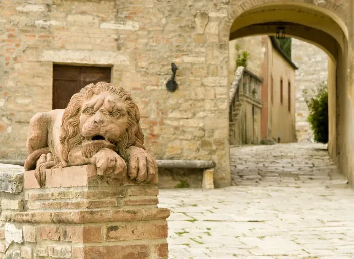 Framed Print : Lion guarding traditional village Lucignano d Asso, Valle de Orcia, Tuscany Framed Print : Lion guarding traditional village Lucignano d Asso, Valle de Orcia, Tuscany